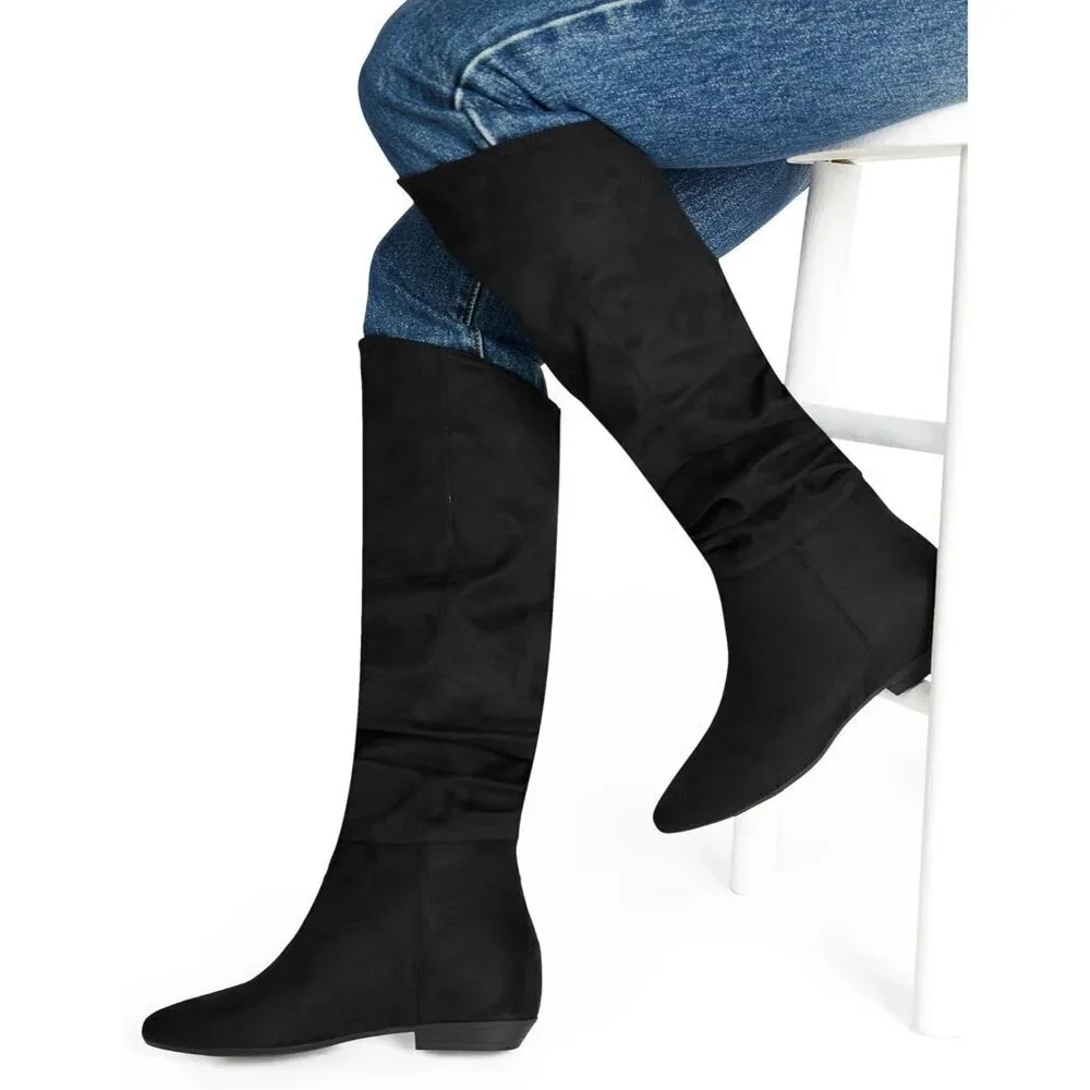 Women's Black Suede Thigh High Boots Faux Leather Chunky Heel Over The Knee Boot